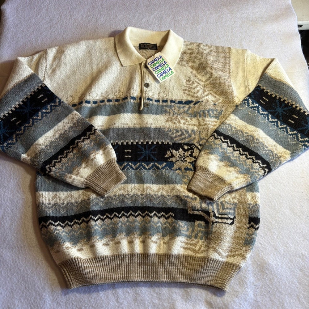 VTG Camela Mens Fair‎ Isle Snowflake Knit Polo Sweater Lambswool Acrylic Size 40
